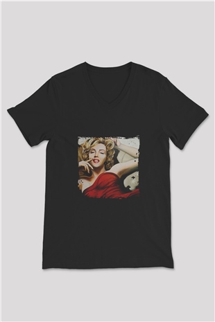Marilyn Monroe Baskılı Unisex Siyah V Yaka Tişört