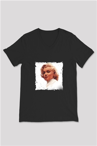Marilyn Monroe Baskılı Unisex Siyah V Yaka Tişört