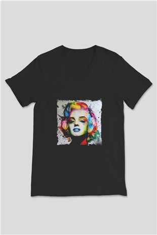 Marilyn Monroe Baskılı Unisex Siyah V Yaka Tişört