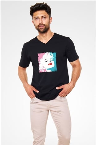 Marilyn Monroe Baskılı Unisex Siyah V Yaka Tişört