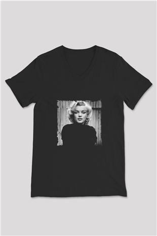 Marilyn Monroe Baskılı Unisex Siyah V Yaka Tişört