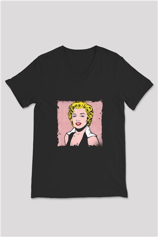 Marilyn Monroe Baskılı Unisex Siyah V Yaka Tişört
