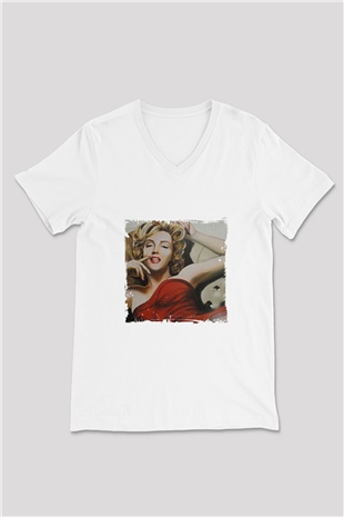 Marilyn Monroe Baskılı V Yaka Unisex Beyaz Tişört