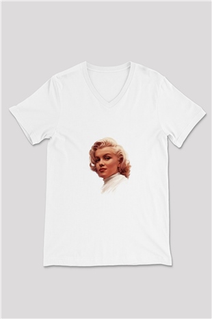 Marilyn Monroe Baskılı V Yaka Unisex Beyaz Tişört