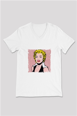Marilyn Monroe Baskılı V Yaka Unisex Beyaz Tişört