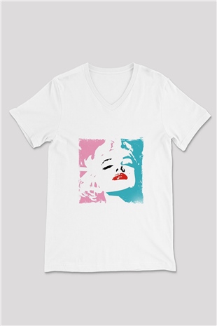 Marilyn Monroe Baskılı V Yaka Unisex Beyaz Tişört