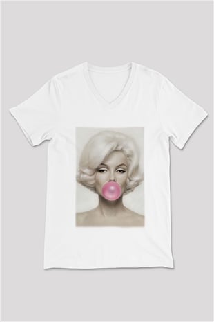 Marilyn Monroe Beyaz Unisex V Yaka Tişört T-Shirt
