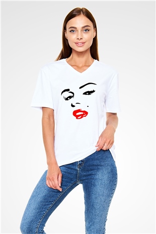 Marilyn Monroe Beyaz Unisex V Yaka Tişört T-Shirt
