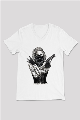 Marilyn Monroe Beyaz Unisex V Yaka Tişört T-Shirt