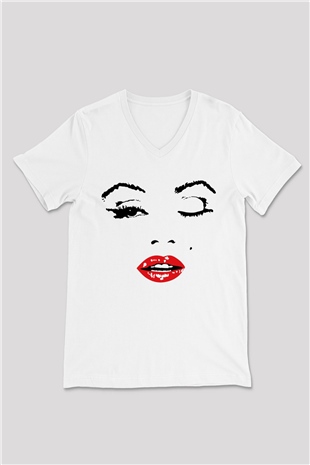 Marilyn Monroe Beyaz Unisex V Yaka Tişört T-Shirt
