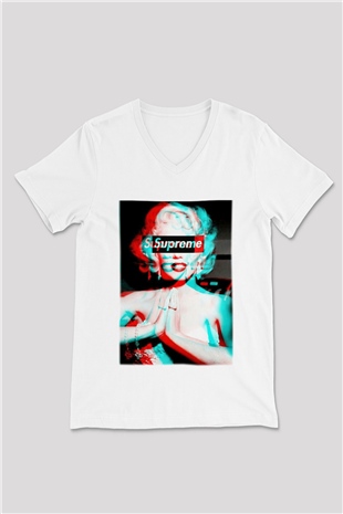 Marilyn Monroe Beyaz Unisex V Yaka Tişört T-Shirt