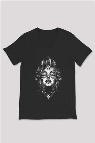 Marilyn Monroe Siyah Unisex V Yaka Tişört T-Shirt