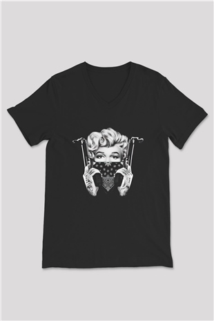 Marilyn Monroe Siyah Unisex V Yaka Tişört T-Shirt