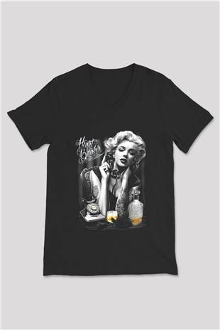 Marilyn Monroe Siyah Unisex V Yaka Tişört T-Shirt