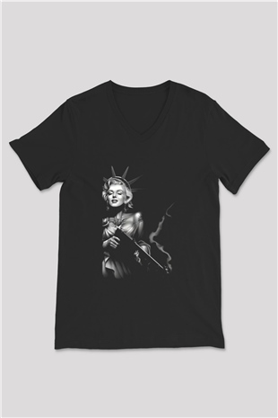 Marilyn Monroe Siyah Unisex V Yaka Tişört T-Shirt