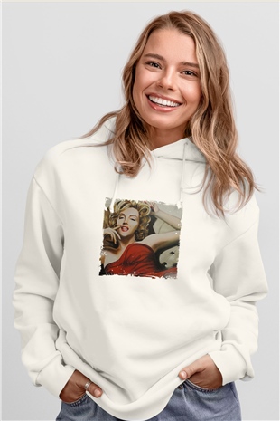 Marilyn Monroe Unisex Baskılı Beyaz Kapüşonlu Sweatshirt