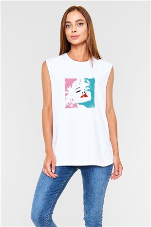 Marilyn Monroe Unisex Baskılı Beyaz Kolsuz Tişört