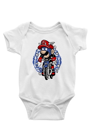 Mario Biker Baskılı Beyaz Unisex Bebek Body - Zıbın