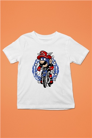 Mario Biker Baskılı Beyaz Unisex Çocuk Tişört
