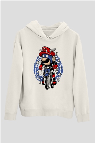 Mario Biker Baskılı Beyaz Unisex Hoodie