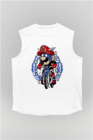 Mario Biker Baskılı Beyaz Unisex Kolsuz Tişört