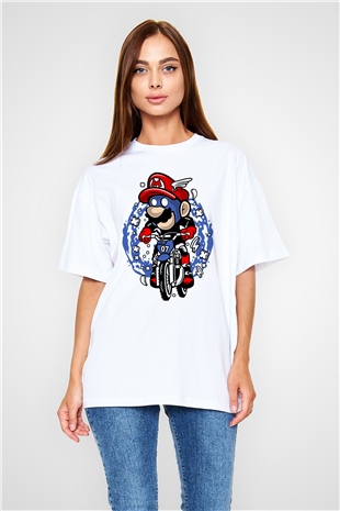 Mario Biker Baskılı Beyaz Unisex Oversize Tişört