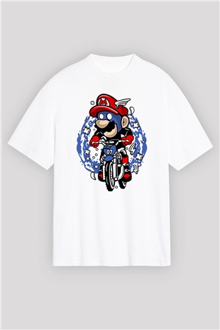 Mario Biker Baskılı Beyaz Unisex Oversize Tişört