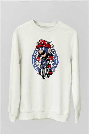Mario Biker Baskılı Beyaz Unisex Sweatshirt