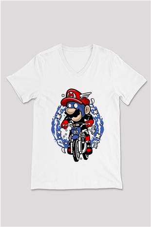 Mario Biker Baskılı Beyaz Unisex V Yaka Tişört