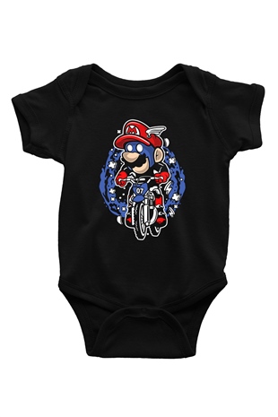 Mario Biker Baskılı Siyah Bebek Body - Zıbın