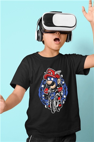 Mario Biker Baskılı Siyah Çocuk Unisex Tişört