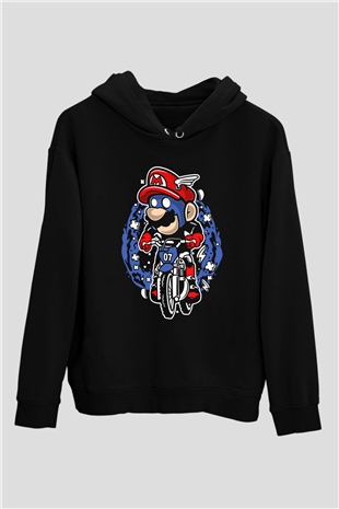 Mario Biker Baskılı Siyah Unisex Hoodie