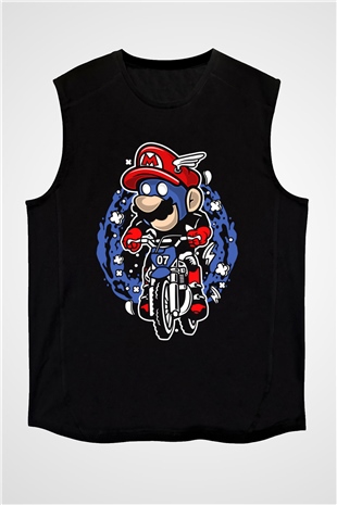 Mario Biker Baskılı Siyah Unisex Kolsuz Tişört