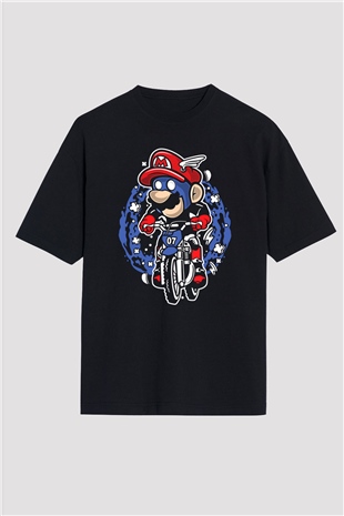 Mario Biker Baskılı Siyah Unisex Oversize Tişört