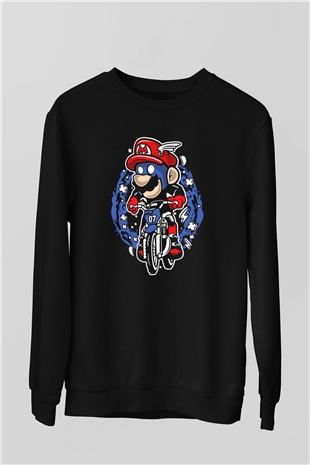 Mario Biker Baskılı Siyah Unisex Sweatshirt