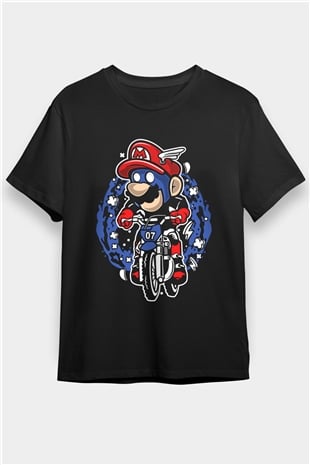 Mario Biker Baskılı Siyah Unisex Tişört