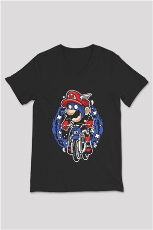 Mario Biker Baskılı Siyah Unisex V Yaka Tişört
