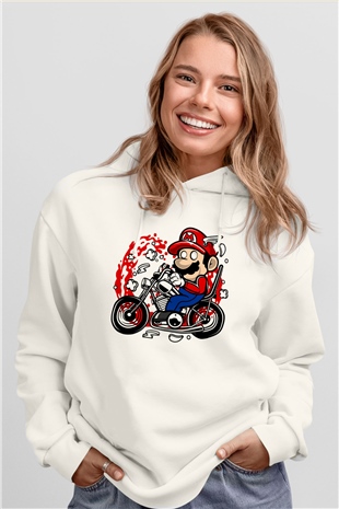 Mario Chopper Rider Beyaz Unisex Hoodie
