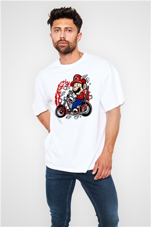 Mario Chopper Rider Beyaz Unisex Oversize Tişört