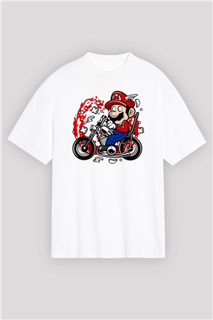 Mario Chopper Rider Beyaz Unisex Oversize Tişört
