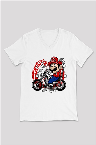 Mario Chopper Rider Beyaz Unisex V Yaka Tişört