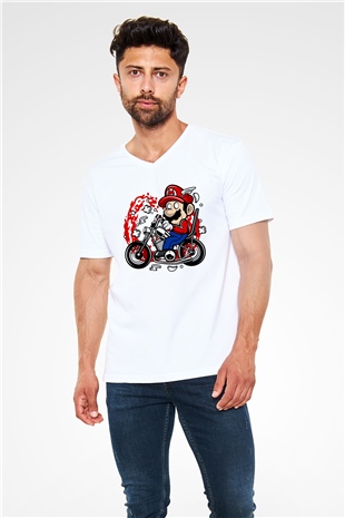 Mario Chopper Rider Beyaz Unisex V Yaka Tişört