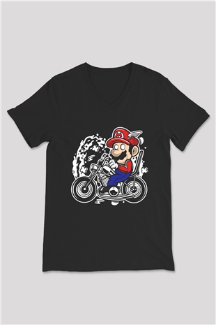 Mario Chopper Rider Siyah Unisex V Yaka Tişört