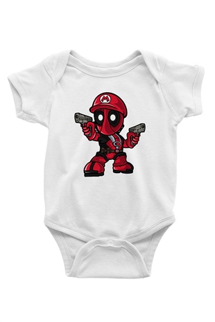 Mario Deadpool Baskılı Beyaz Unisex Bebek Body - Zıbın