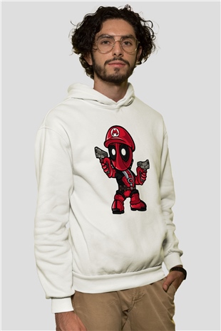 Mario Deadpool Baskılı Beyaz Unisex Hoodie