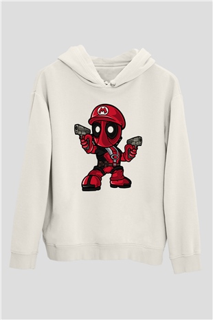 Mario Deadpool Baskılı Beyaz Unisex Hoodie