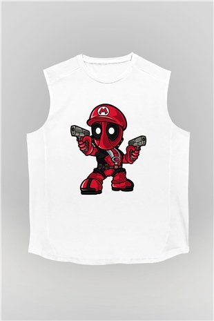 Mario Deadpool Baskılı Beyaz Unisex Kolsuz Tişört