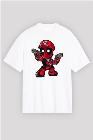 Mario Deadpool Baskılı Beyaz Unisex Oversize Tişört