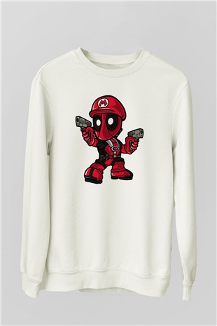 Mario Deadpool Baskılı Beyaz Unisex Sweatshirt