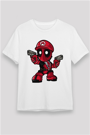 Mario Deadpool Baskılı Beyaz Unisex Tişört